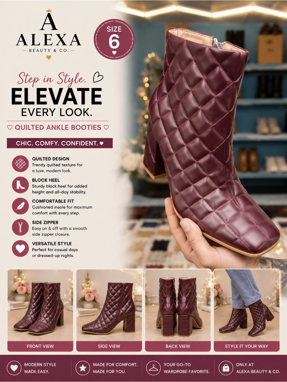 Alexa Quilted Ankle Booties - Burgundy (Size 6)